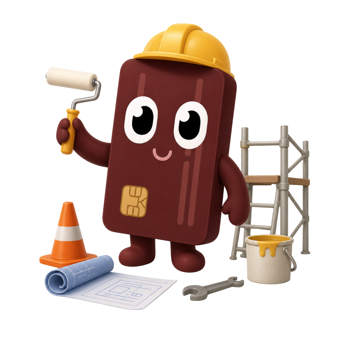 Cardy, la mascota de cardea, con casco de obra, construyendo el sitio